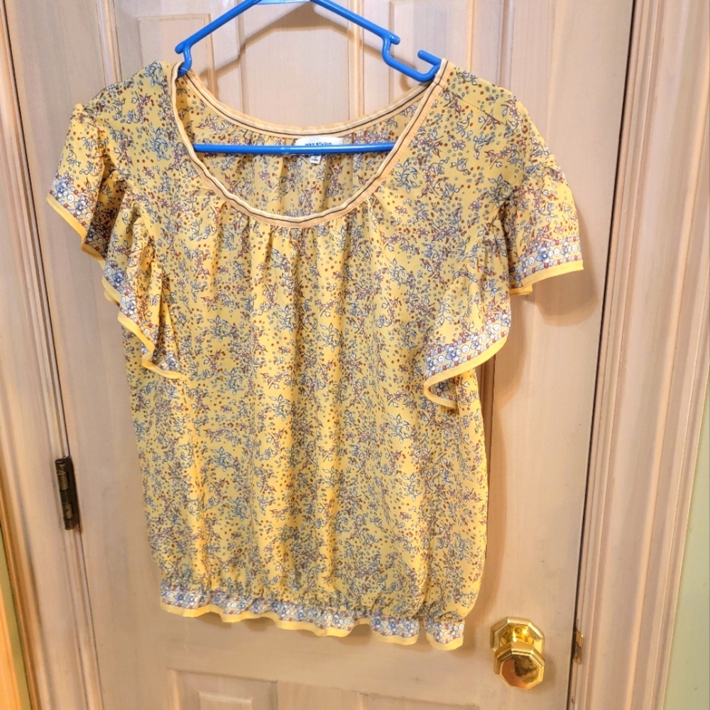 Misses Sz M Max Studio Yellow Flower Shirt Flutter Sleeves